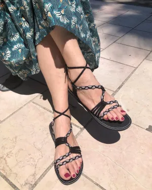 Ankle Tie Rope Flat Sandals-Black
