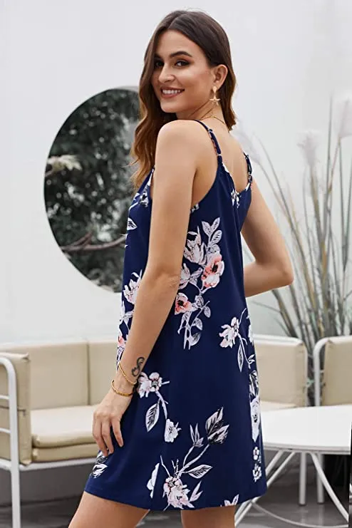 Black Floral Women Summer Spaghetti Strap Button Down V Neck Sleeveless Casual Mini Dress - AlvaQ