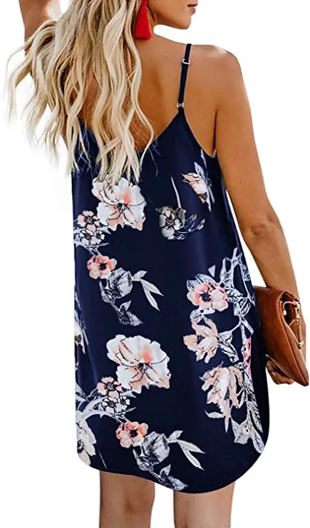 Black Floral Women Summer Spaghetti Strap Button Down V Neck Sleeveless Casual Mini Dress - AlvaQ