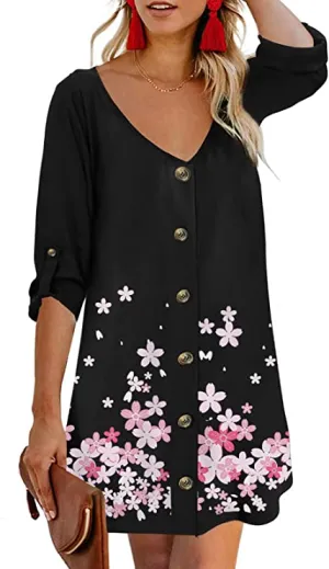 Black Floral Women Summer Spaghetti Strap Button Down V Neck Sleeveless Casual Mini Dress - AlvaQ