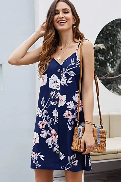 Black Floral Women Summer Spaghetti Strap Button Down V Neck Sleeveless Casual Mini Dress - AlvaQ