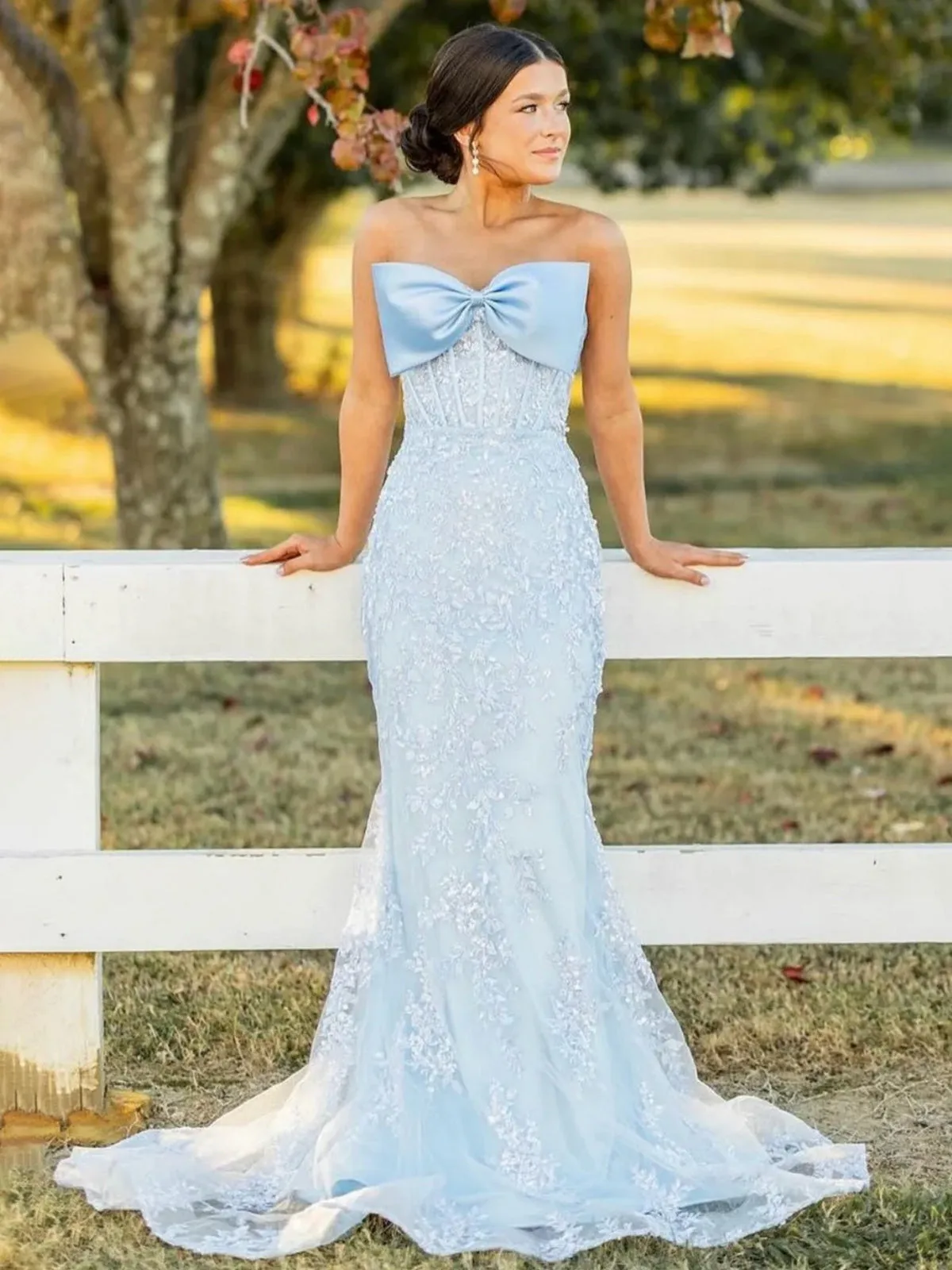 Bow-Sweetheart Off-Shoulder Sleeveless Mermaid Prom Dress Beaded Lace Applique Formal Gowns