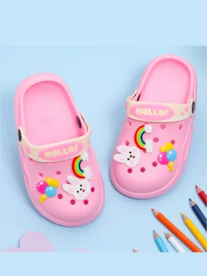 Bunny & Rainbow-Themed Clogs with "Hello" Strap for Girls - Pink