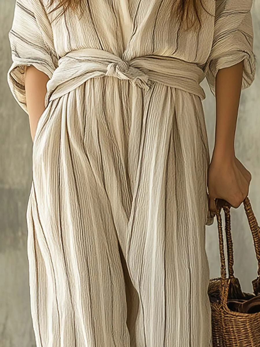Cotton Linen Striped Vintage Holiday Jumpsuit