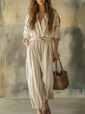 Cotton Linen Striped Vintage Holiday Jumpsuit