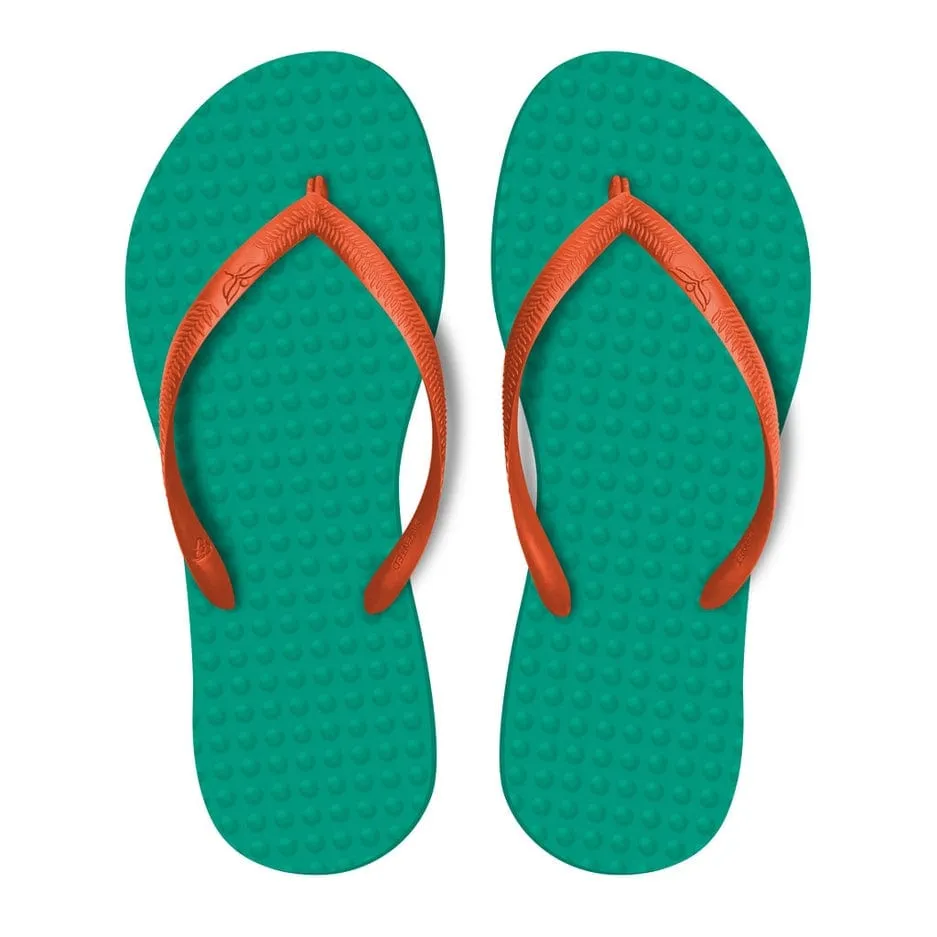 Green Flip Flops Women's Sustainable Flip Flops Emerald with Orange Straps