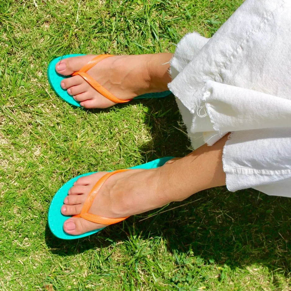 Green Flip Flops Women's Sustainable Flip Flops Emerald with Orange Straps