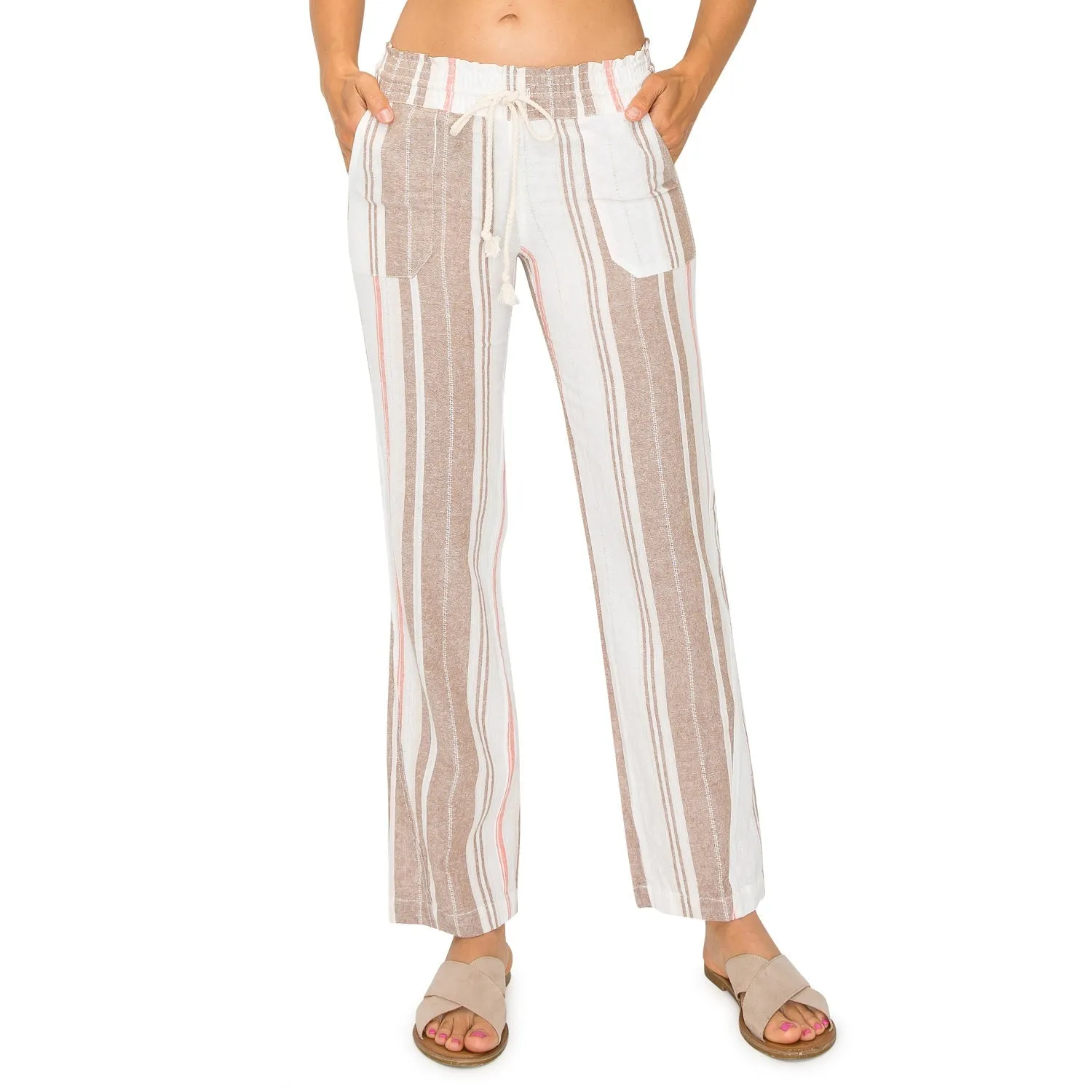 Linen Pants 29" Inseam Drawstring Smocked Waist Printed Beach Pants - Khaki Combo