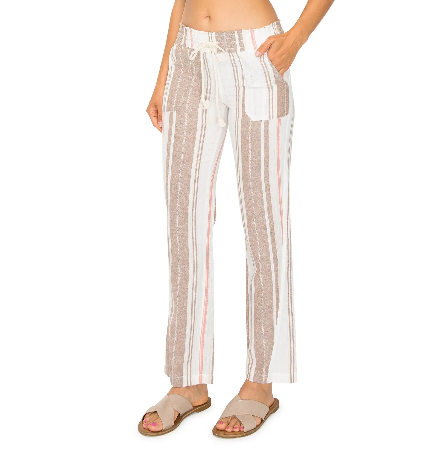 Linen Pants 29" Inseam Drawstring Smocked Waist Printed Beach Pants - Khaki Combo