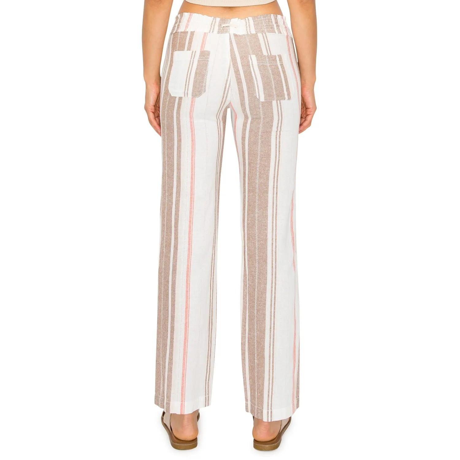 Linen Pants 29" Inseam Drawstring Smocked Waist Printed Beach Pants - Khaki Combo