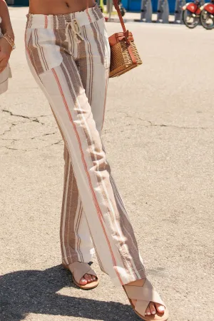 Linen Pants 29" Inseam Drawstring Smocked Waist Printed Beach Pants - Khaki Combo