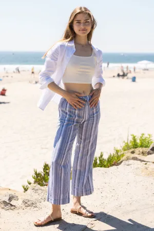 Linen Pants 29" Inseam Drawstring Smocked Waist Printed Beach Pants - Navy Ivory