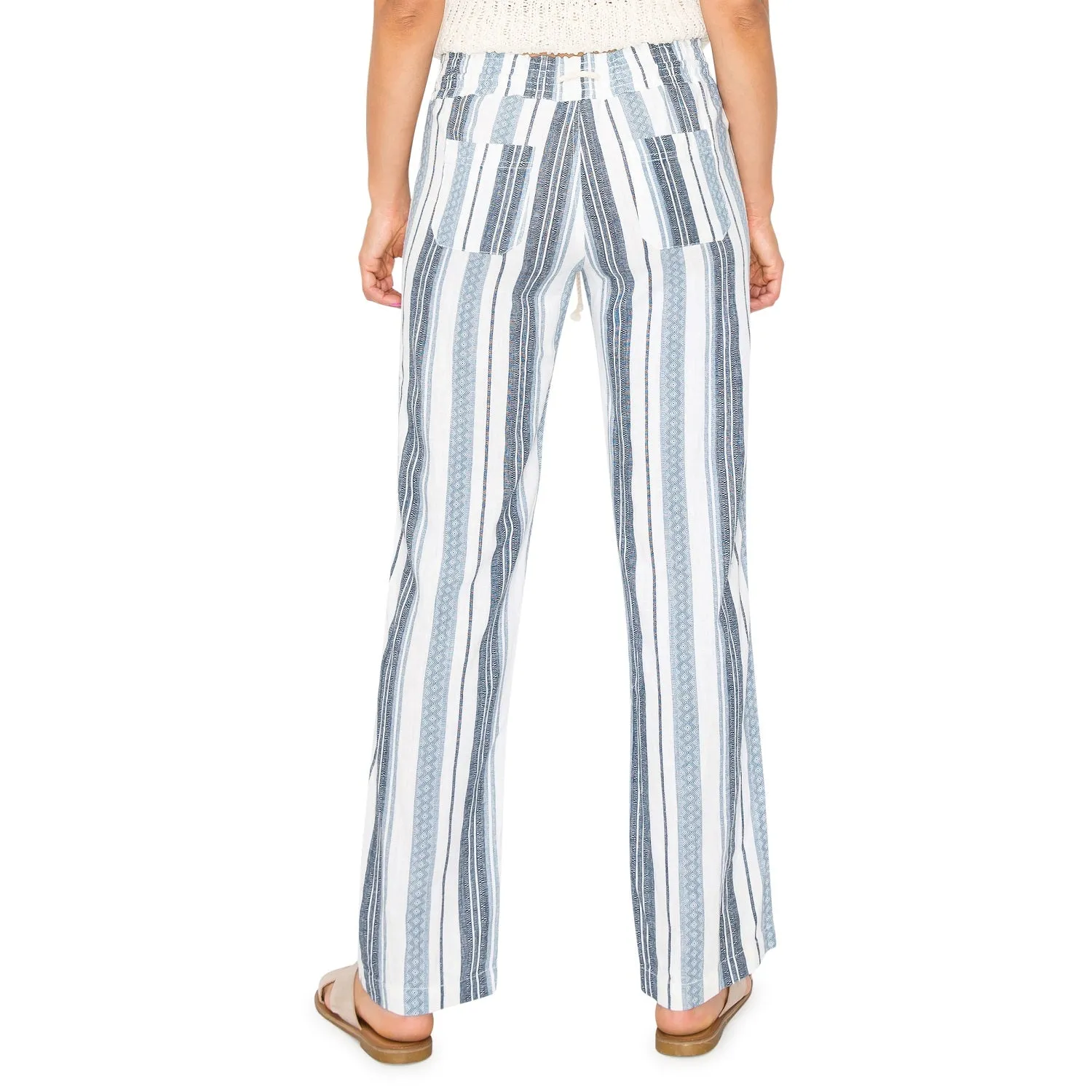 Linen Pants 29" Inseam Drawstring Smocked Waist Printed Beach Pants - Navy Ivory