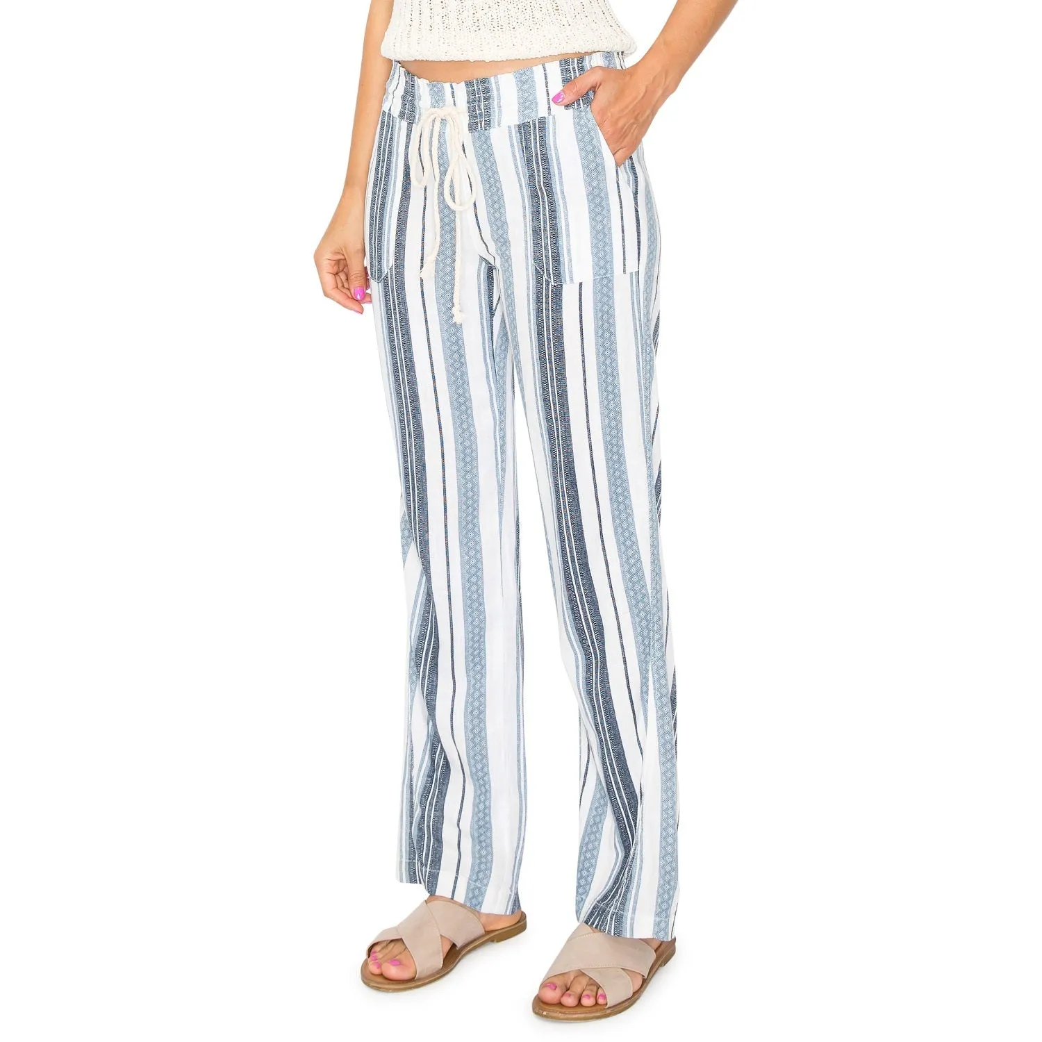 Linen Pants 29" Inseam Drawstring Smocked Waist Printed Beach Pants - Navy Ivory