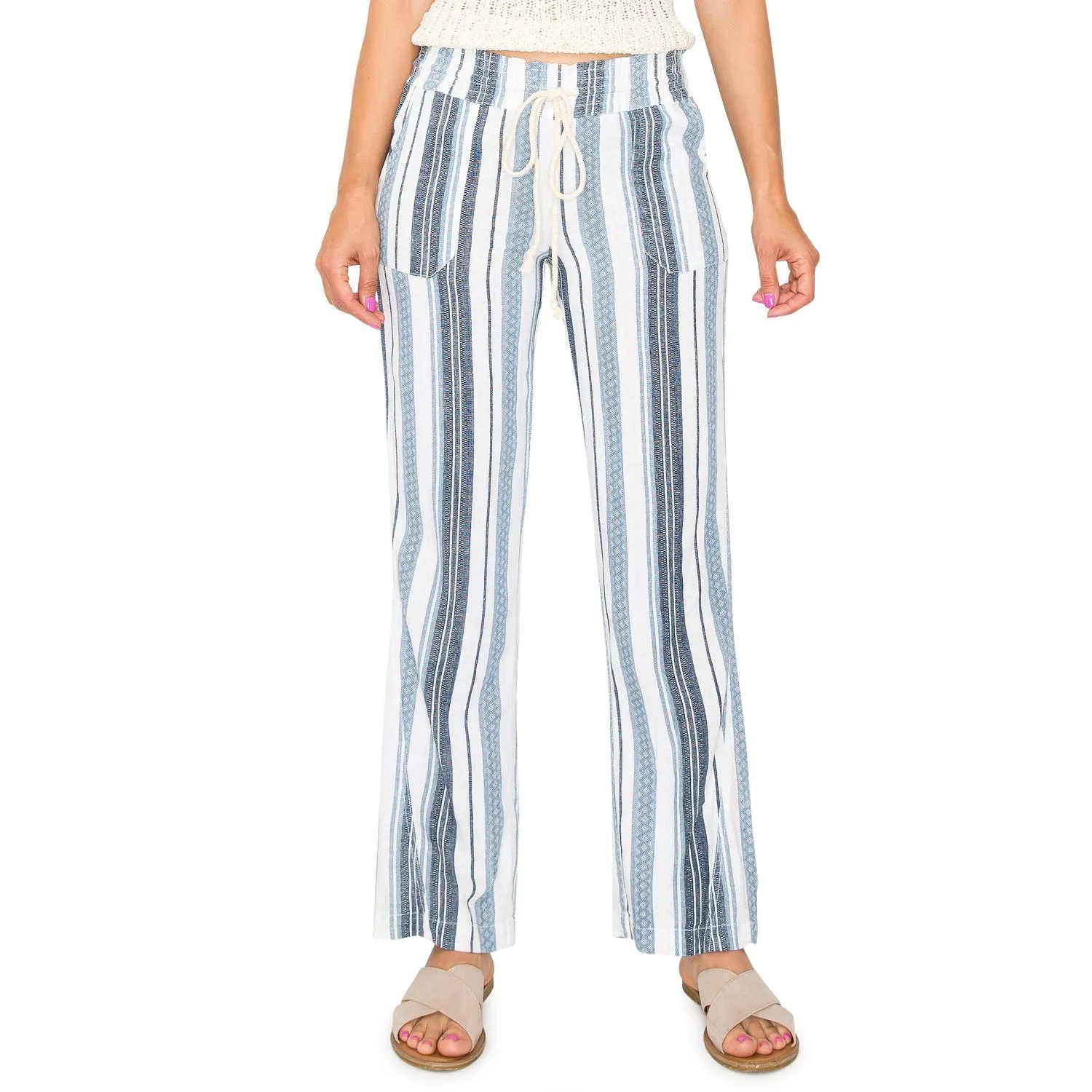 Linen Pants 29" Inseam Drawstring Smocked Waist Printed Beach Pants - Navy Ivory