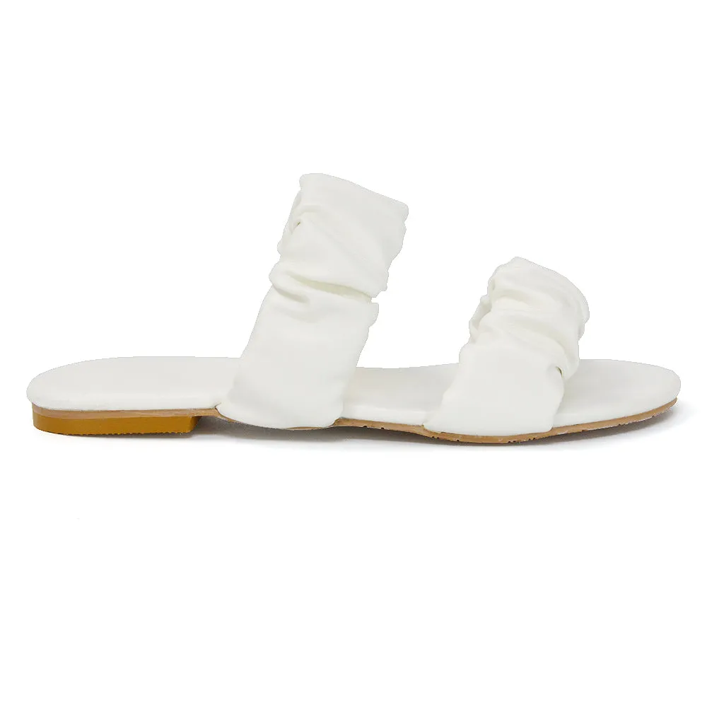 Luca Ruched Double Strap Flat Heel Slider Sandals in Mint Synthetic Leather