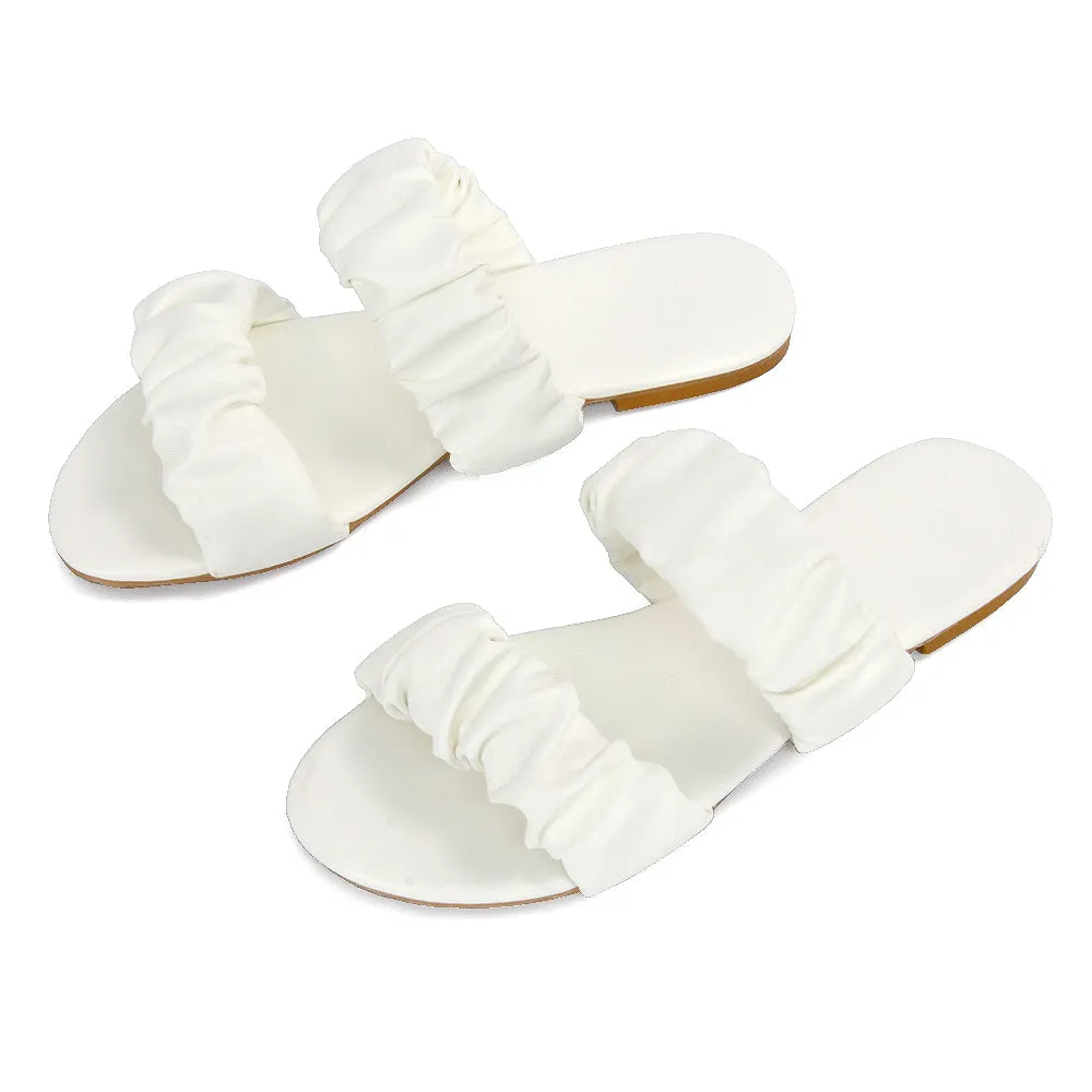 Luca Ruched Double Strap Flat Heel Slider Sandals in Mint Synthetic Leather