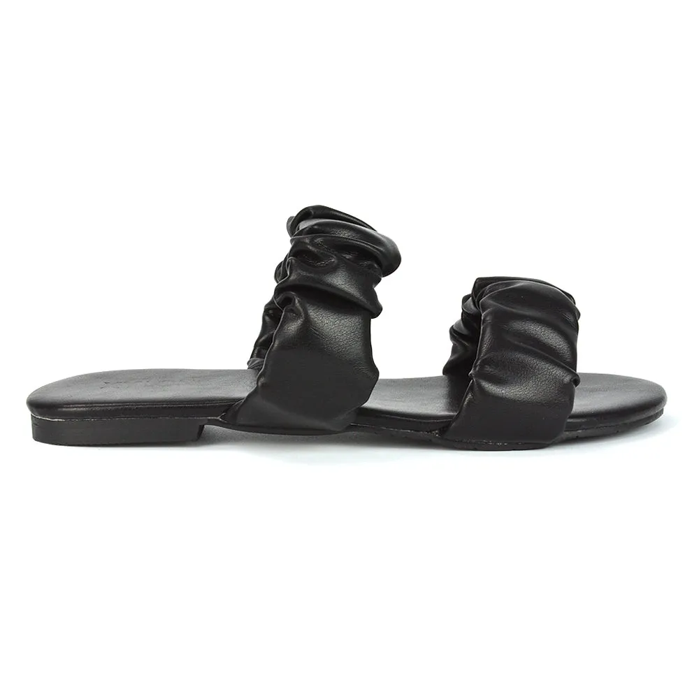 Luca Ruched Double Strap Flat Heel Slider Sandals in Mint Synthetic Leather
