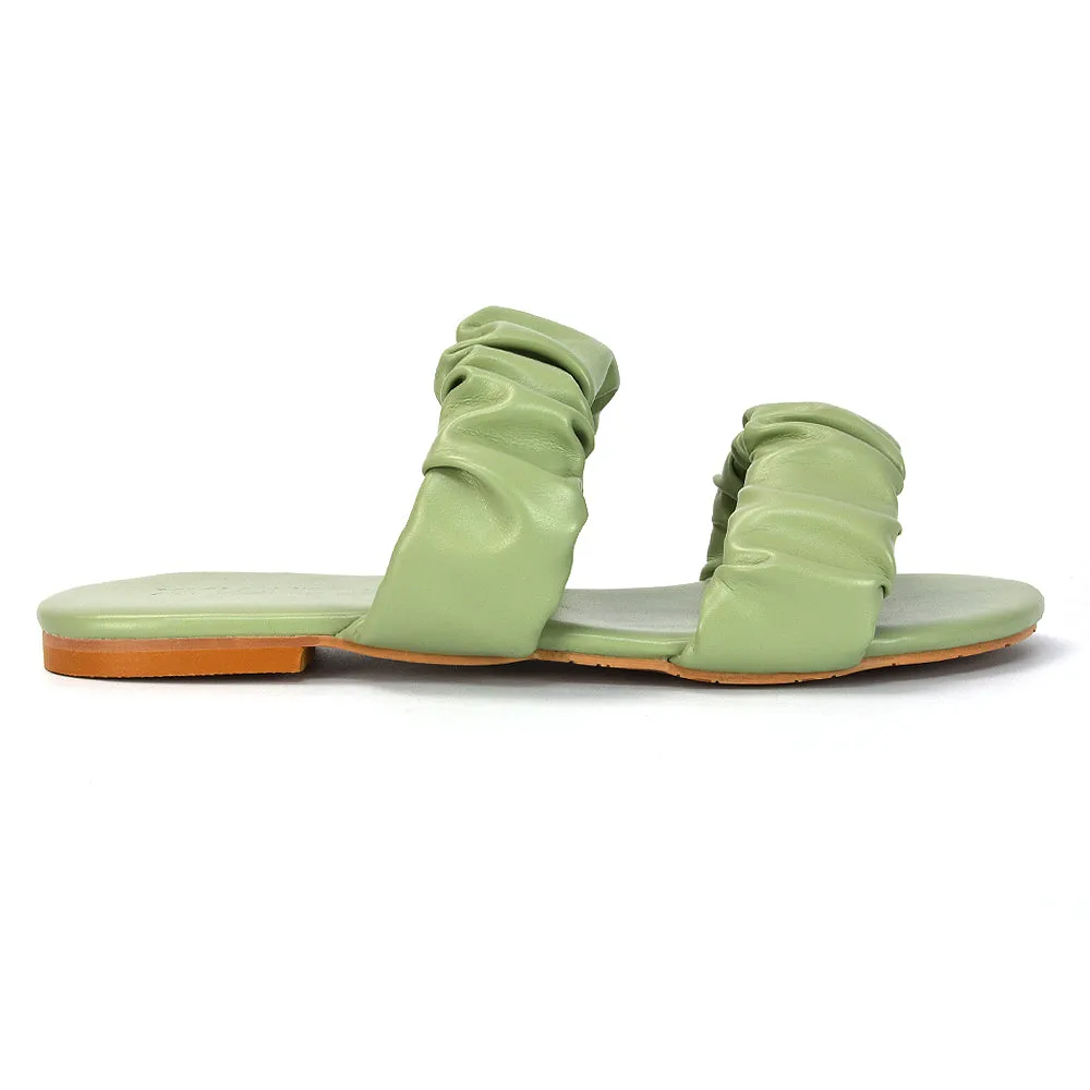 Luca Ruched Double Strap Flat Heel Slider Sandals in Mint Synthetic Leather