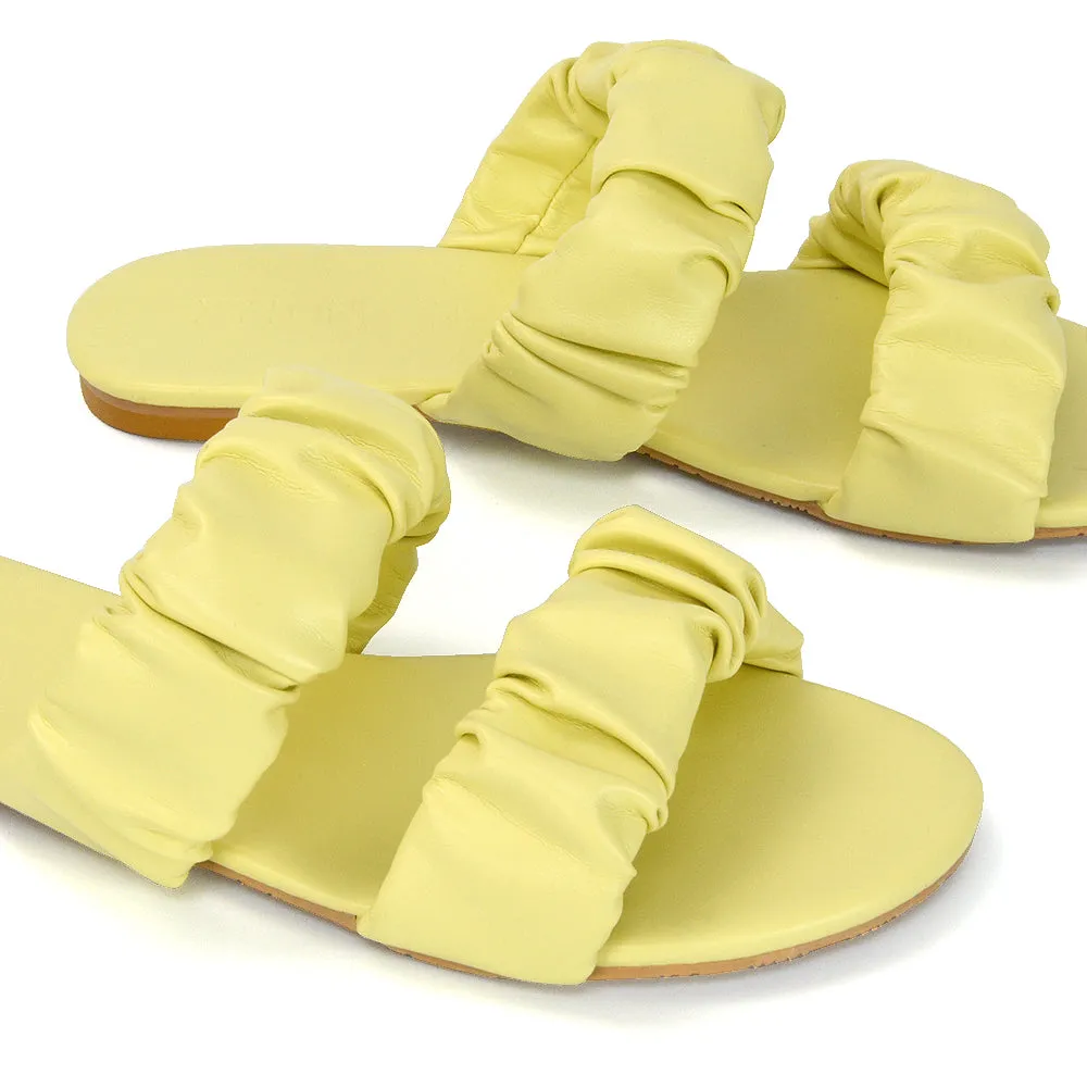 Luca Ruched Double Strap Flat Heel Slider Sandals in Mint Synthetic Leather