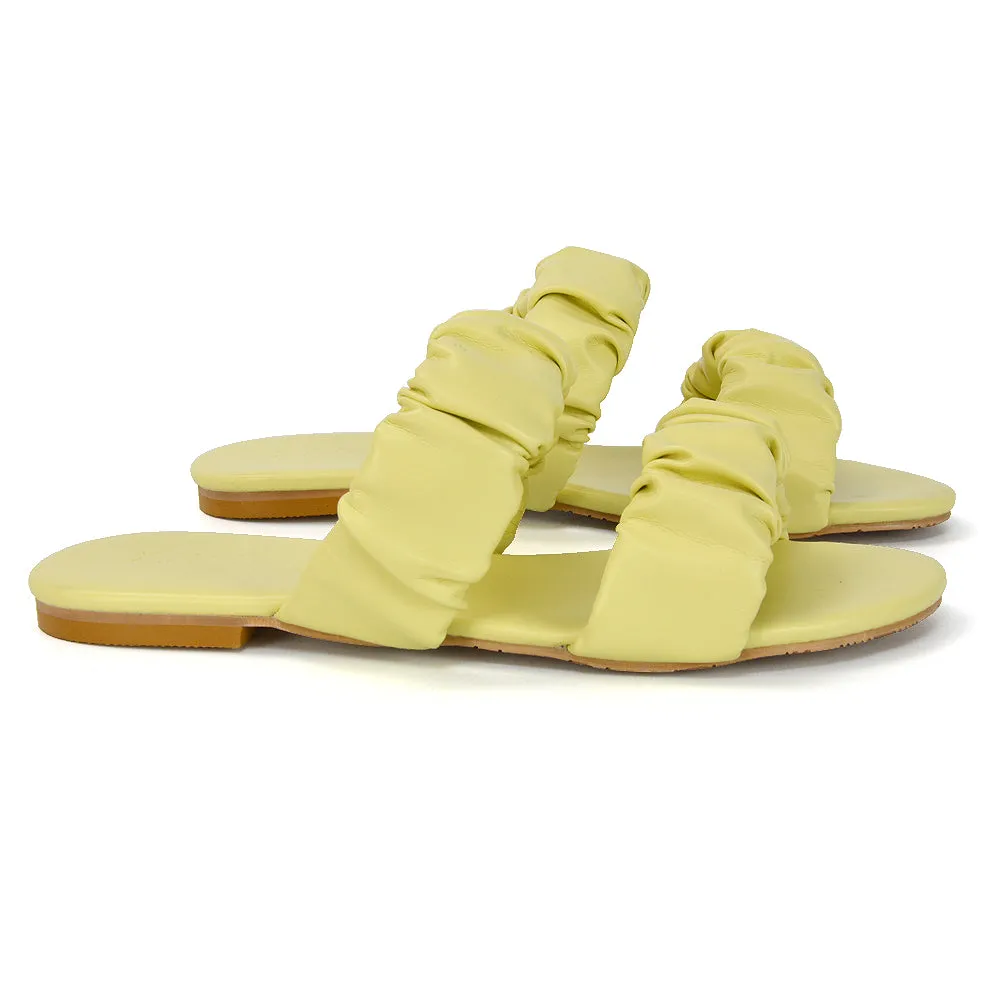 Luca Ruched Double Strap Flat Heel Slider Sandals in Mint Synthetic Leather