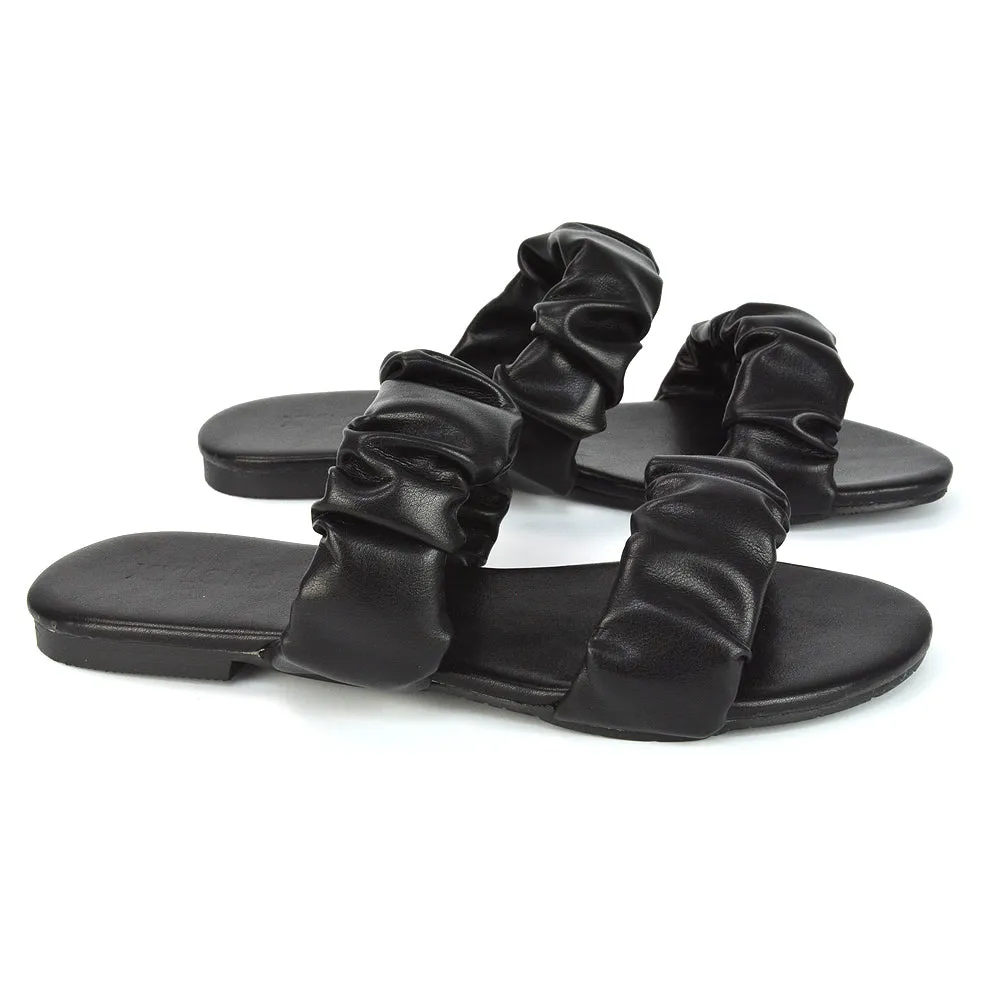 Luca Ruched Double Strap Flat Heel Slider Sandals in Mint Synthetic Leather