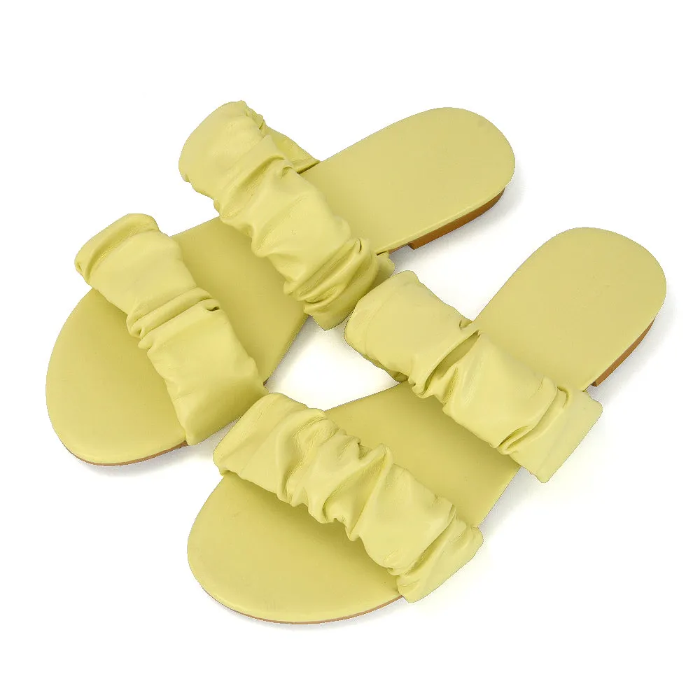 Luca Ruched Double Strap Flat Heel Slider Sandals in Mint Synthetic Leather