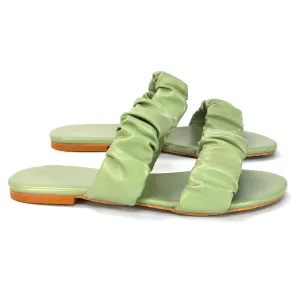 Luca Ruched Double Strap Flat Heel Slider Sandals in Mint Synthetic Leather