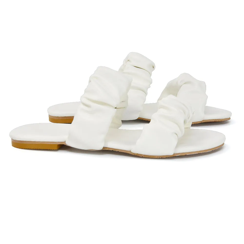 Luca Ruched Double Strap Flat Heel Slider Sandals in Mint Synthetic Leather