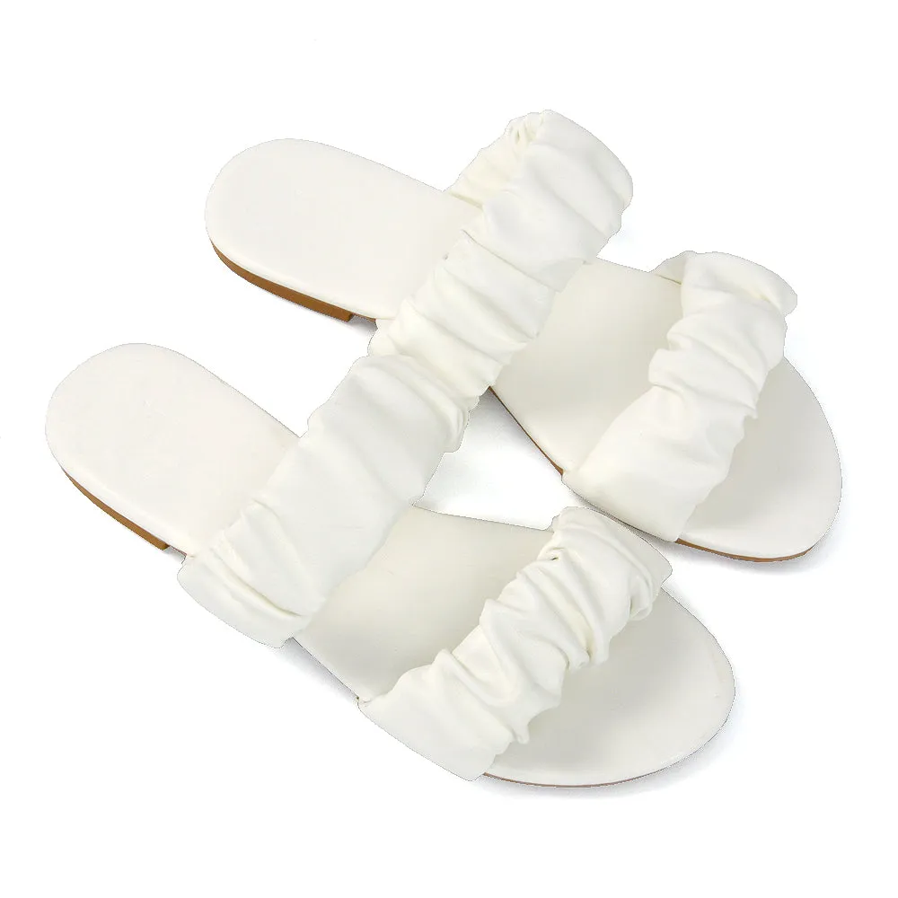 Luca Ruched Double Strap Flat Heel Slider Sandals in Mint Synthetic Leather