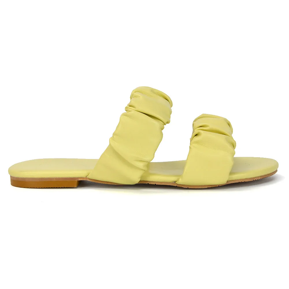 Luca Ruched Double Strap Flat Heel Slider Sandals in Mint Synthetic Leather