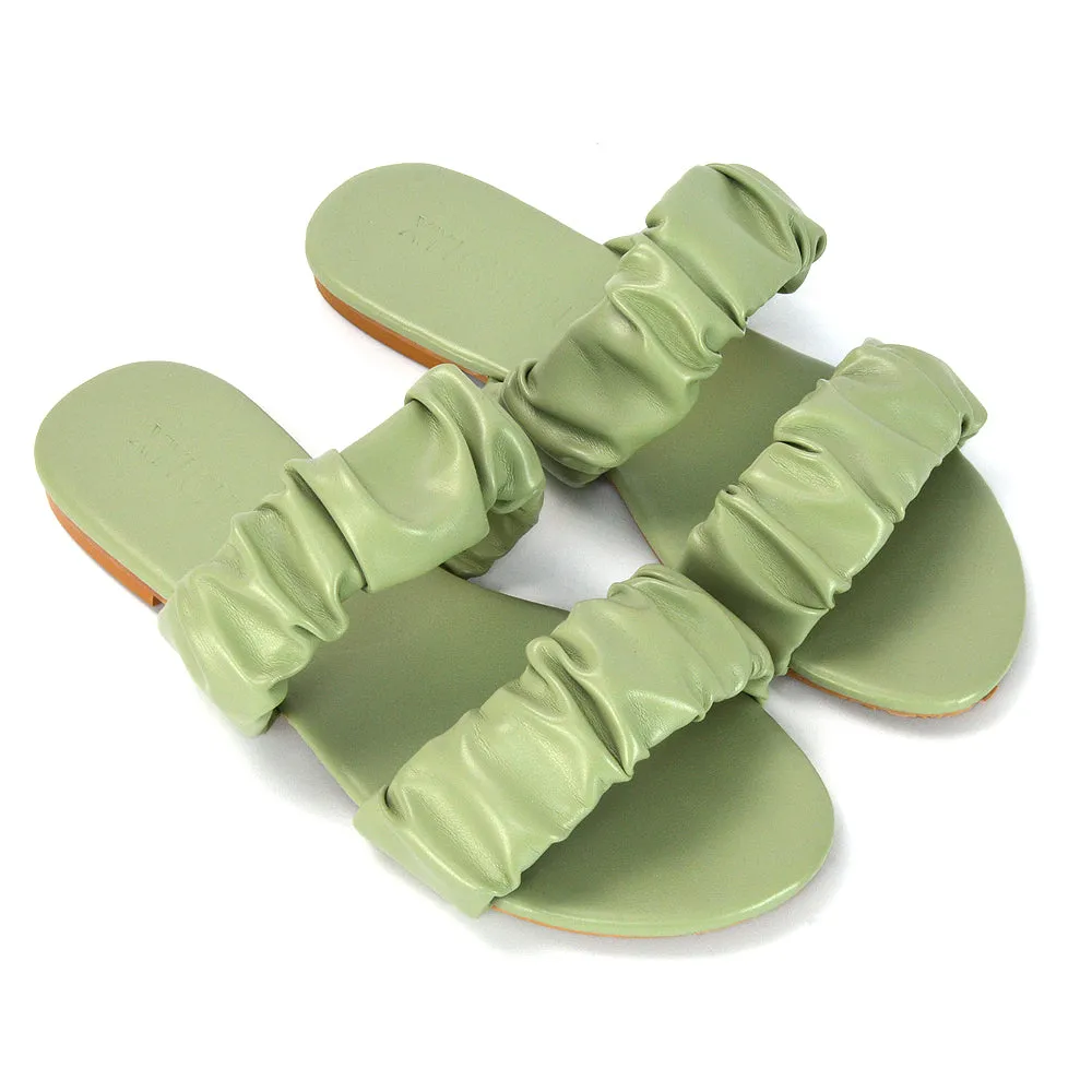 Luca Ruched Double Strap Flat Heel Slider Sandals in Mint Synthetic Leather
