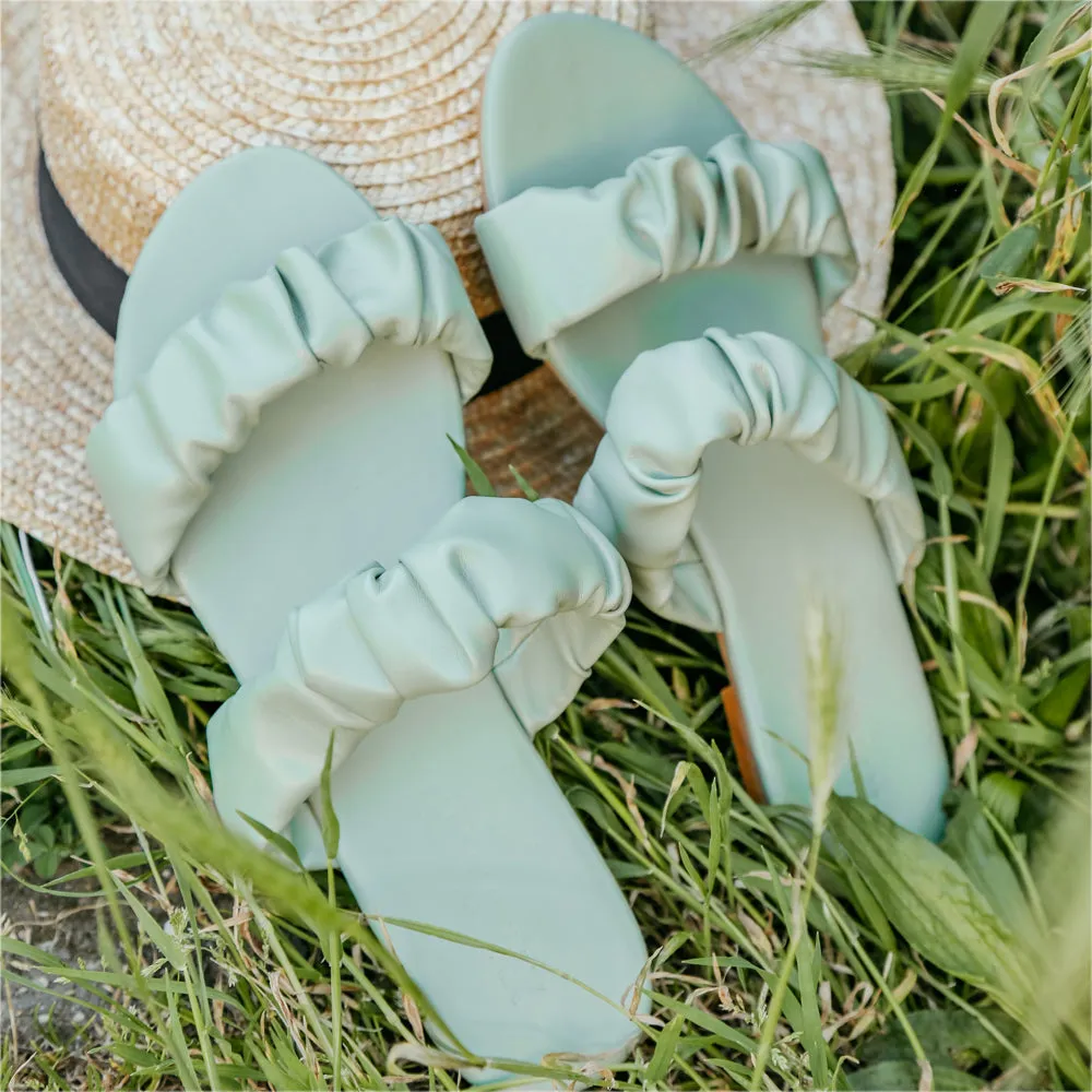 Luca Ruched Double Strap Flat Heel Slider Sandals in Mint Synthetic Leather