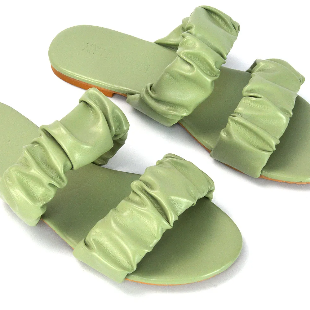 Luca Ruched Double Strap Flat Heel Slider Sandals in Mint Synthetic Leather