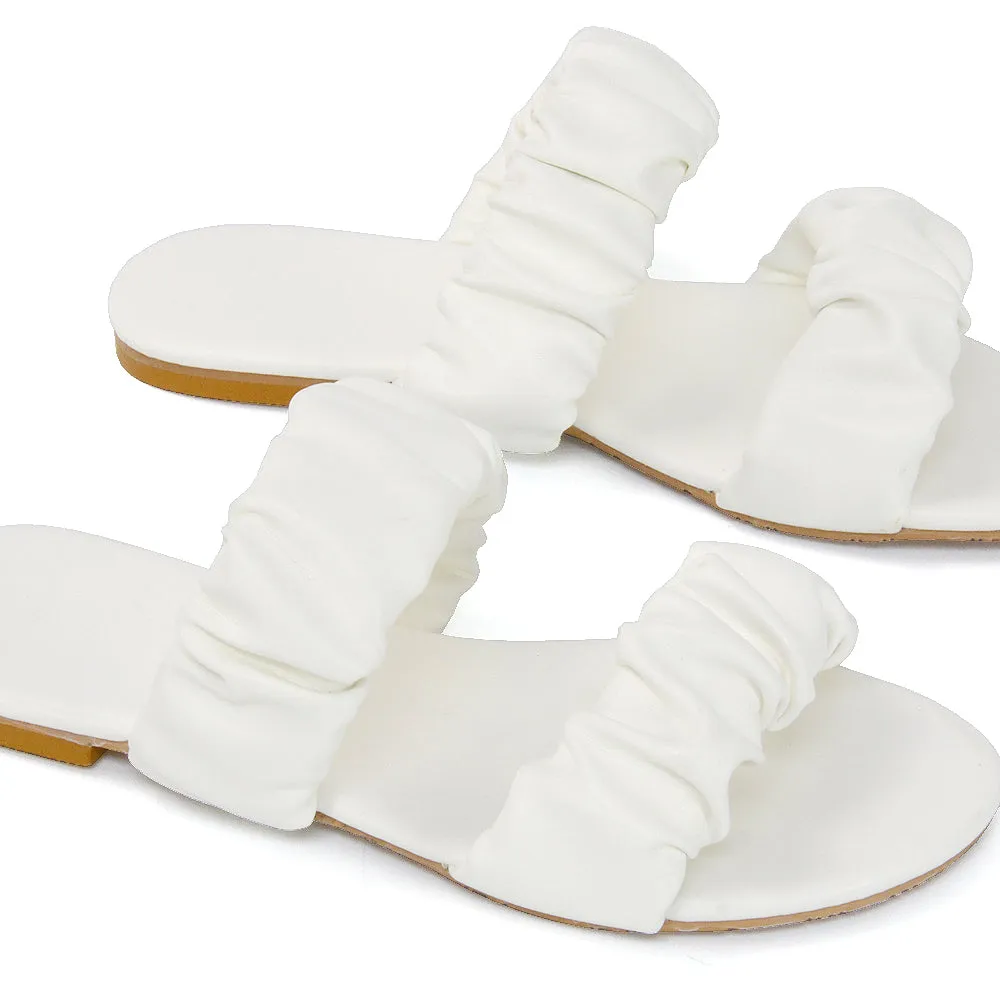 Luca Ruched Double Strap Flat Heel Slider Sandals in Mint Synthetic Leather
