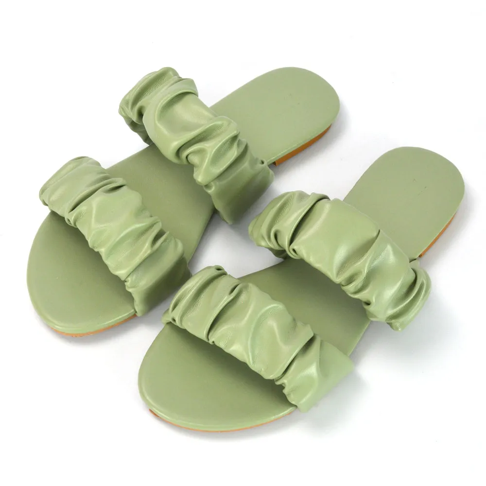 Luca Ruched Double Strap Flat Heel Slider Sandals in Mint Synthetic Leather