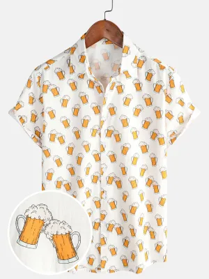 Men's Beer Print Holiday Beach Summer Cotton Breathable Casual Short Sleeve Shirt