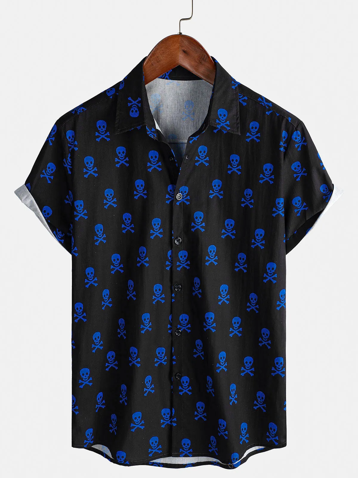 Men's Blue Skull Punk Rock Holiday Cotton Breathable Cool Summer Short Sleeve Shirt