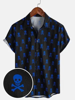 Men's Blue Skull Punk Rock Holiday Cotton Breathable Cool Summer Short Sleeve Shirt