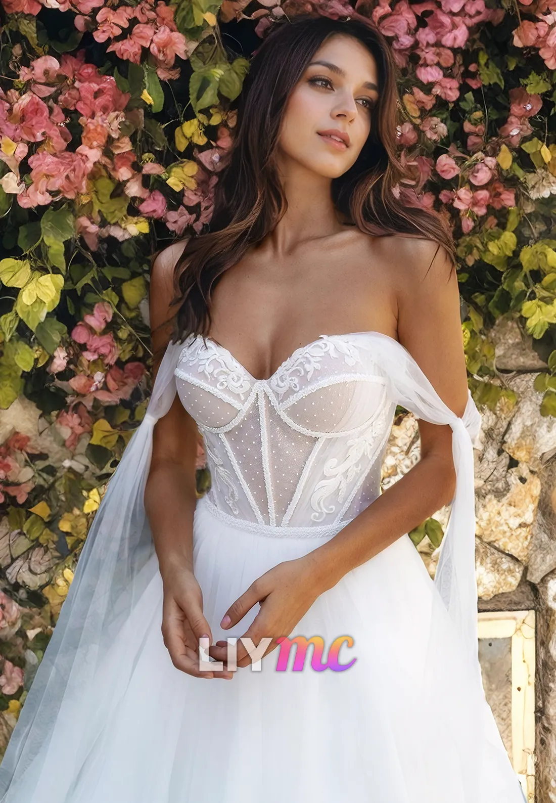 Off-Shoulder Strapless Tulle Ball Gown Wedding Dress