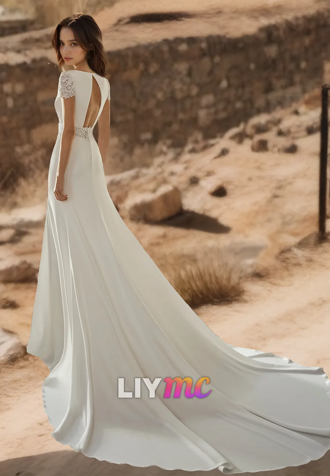 Square Cap Sleeves Lace Appliques Sleek A-Line Wedding Dress