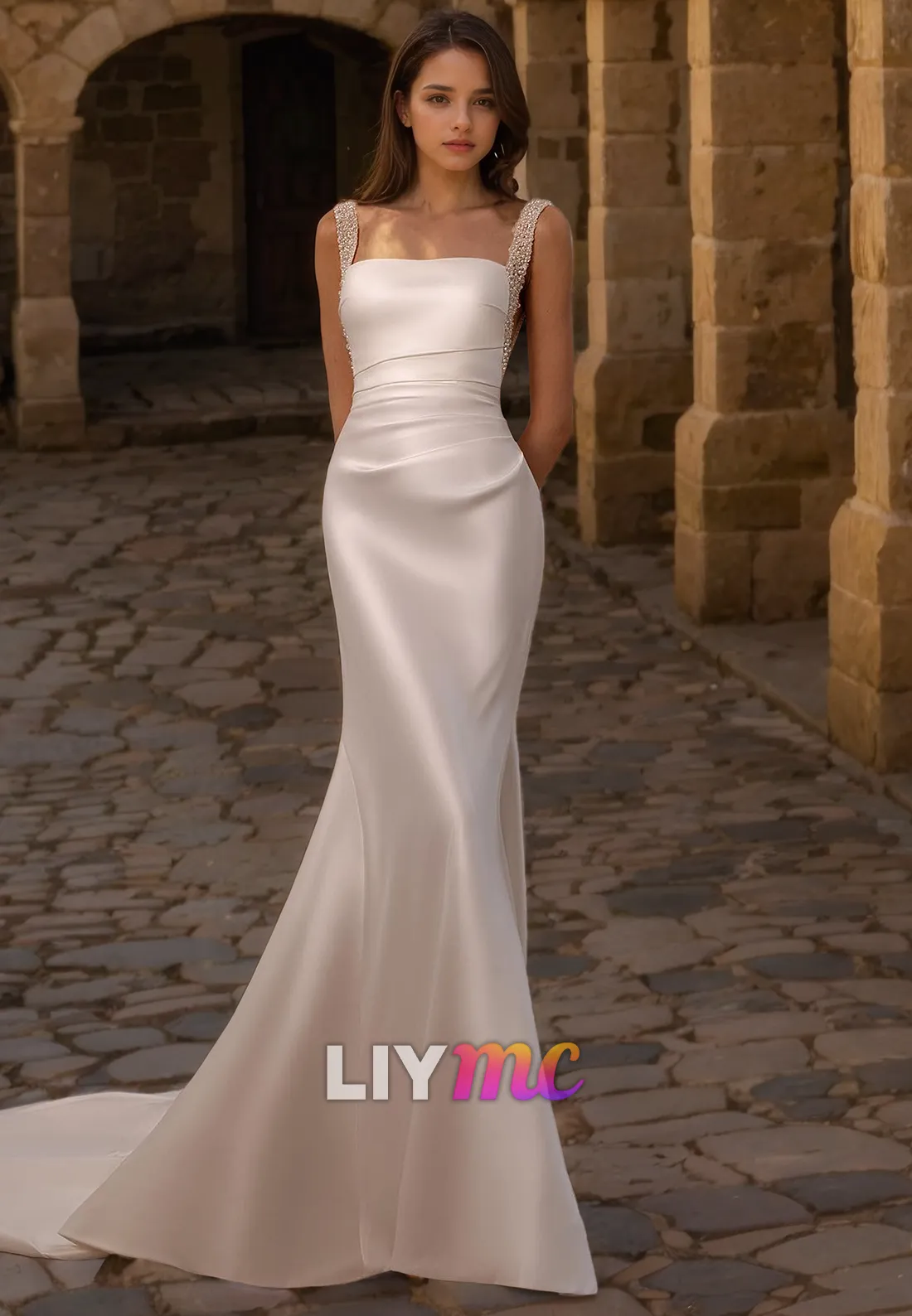 Square Sleeveless Sleek Satin Pleated Sheath Wedding Dress