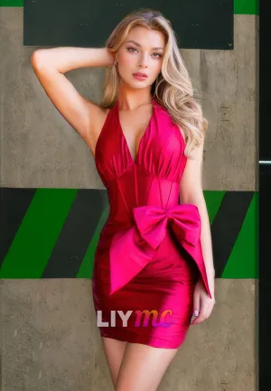 V-Neck Sleeveless Bowknot Ruched Sheath Short Homecoming Dress