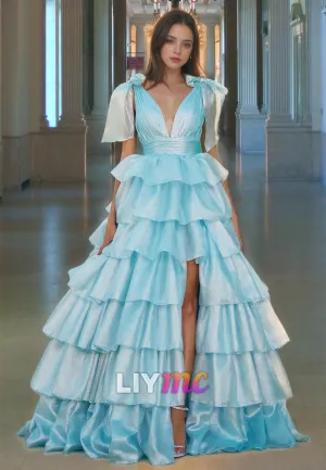 V-Neck Sleeveless Tiered Side Slit A-Line Prom Dress