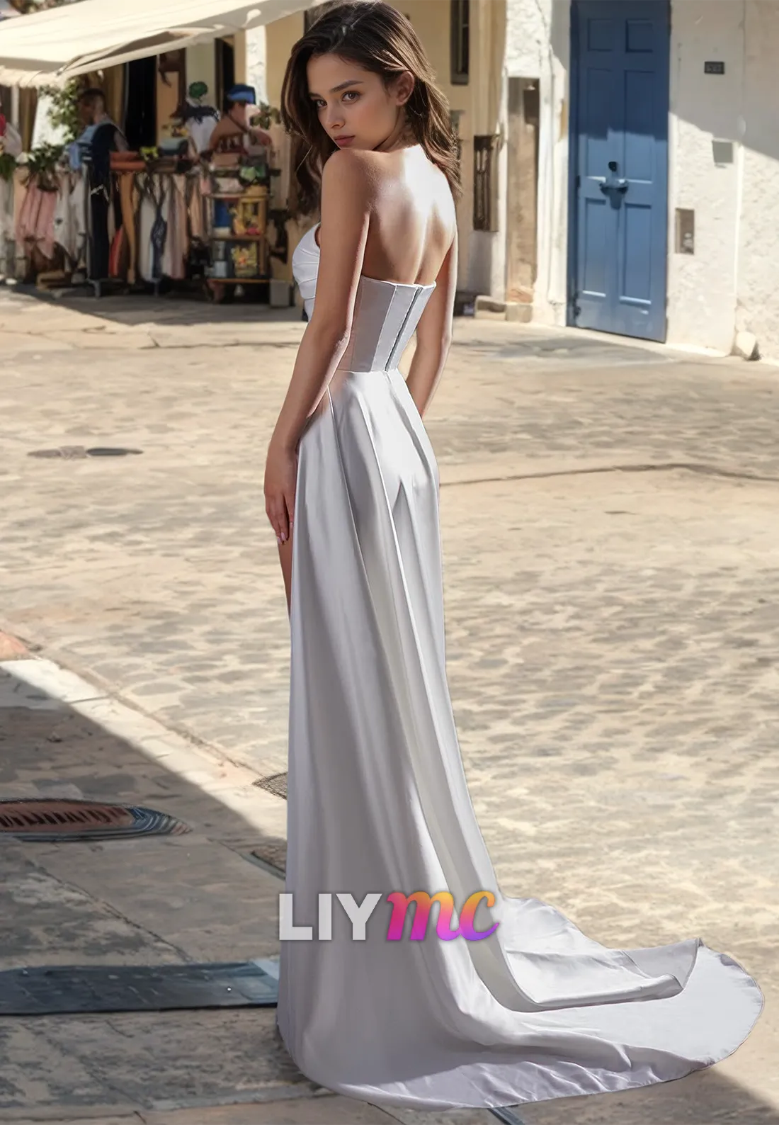 V-Neck Straps Ruched High Slit Beach Wedding Dress