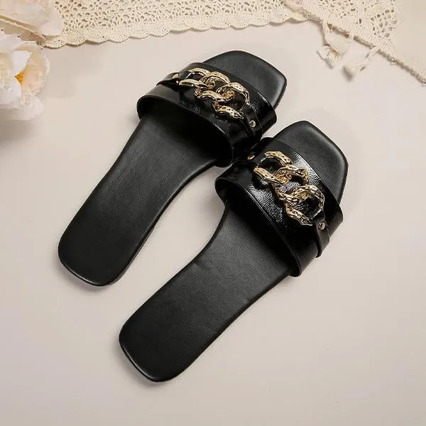 Women's Fashion Chain Square Toe Flat Slippers 33254209S