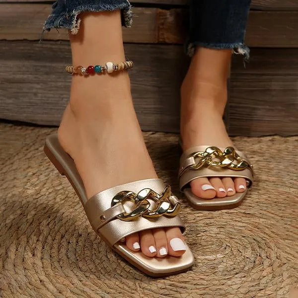 Women's Fashion Chain Square Toe Flat Slippers 33254209S