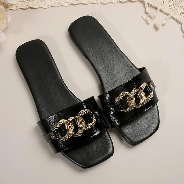 Women's Fashion Chain Square Toe Flat Slippers 33254209S