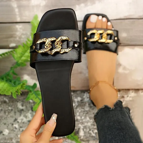 Women's Fashion Chain Square Toe Flat Slippers 33254209S