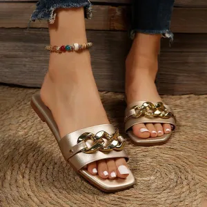 Women's Fashion Chain Square Toe Flat Slippers 33254209S